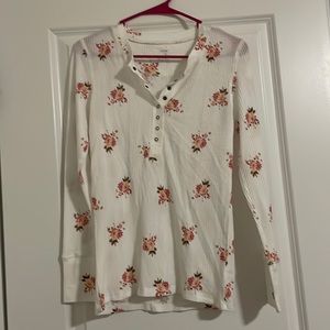 White, long sleeve, half button, long sleeve T-shirt with flowers and green one